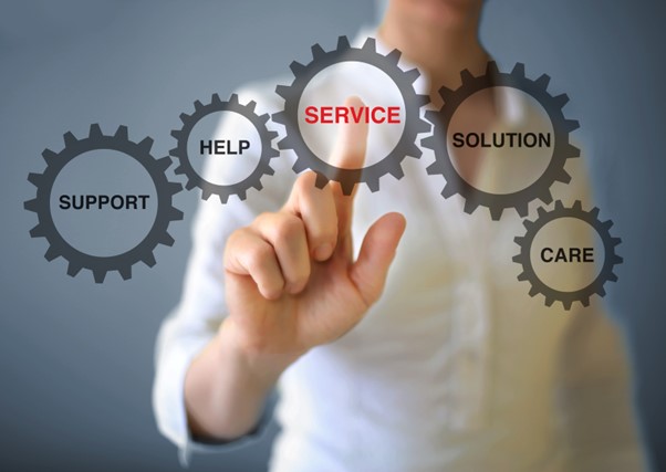 A person touches a virtual gear labeled “Service,” surrounded by others reading “Support,” “Help,” “Solution,” and “Care”—symbolizing the growing need for home care services in underserved Ohio counties.