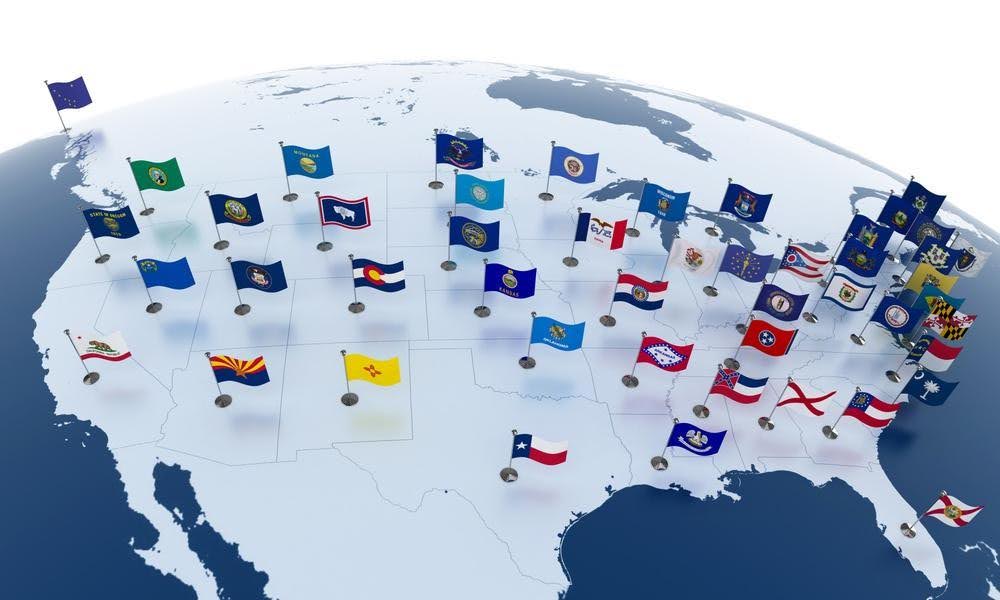 Map of the United States with state flags representing the best U.S. states for E-2 investors exploring Ace Home Care Franchise opportunities in the growing home care industry.